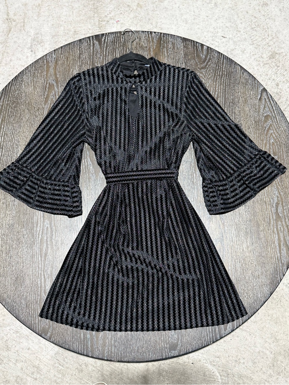 Black Textured Bell-Sleeve A-Line Dress